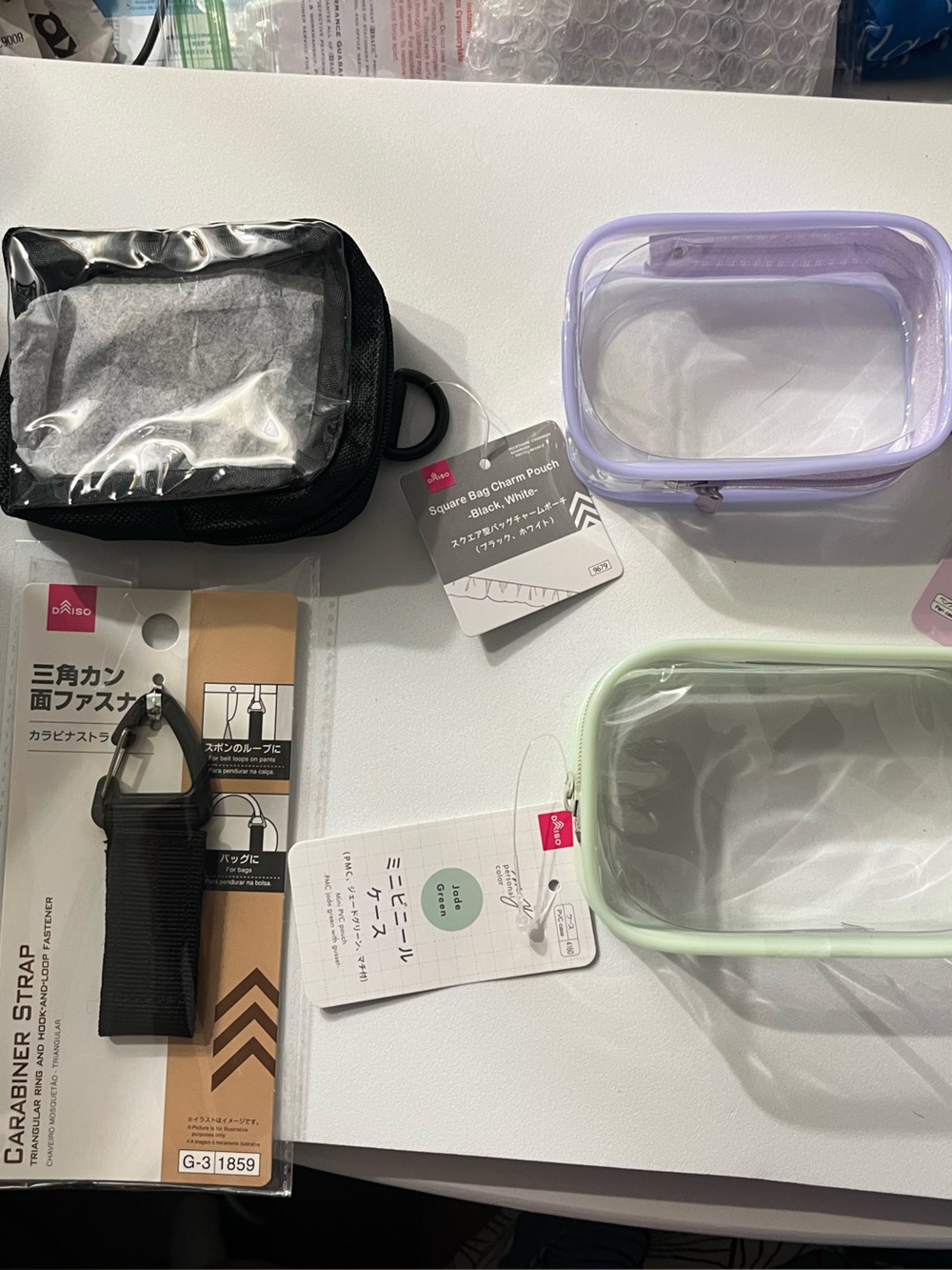 Daiso Bag Charm Pouch Starter Kit – 3 Mini PVC Pouches + Carabiner Strap – New